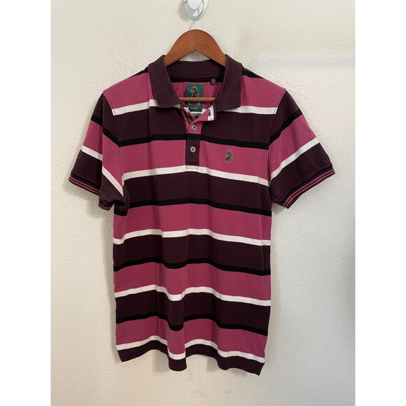 Luke Sport Men’s Polo Shirt Size L Red Pink Stripe Short Sleeve Preppy Rugby Y2k - Picture 1 of 7